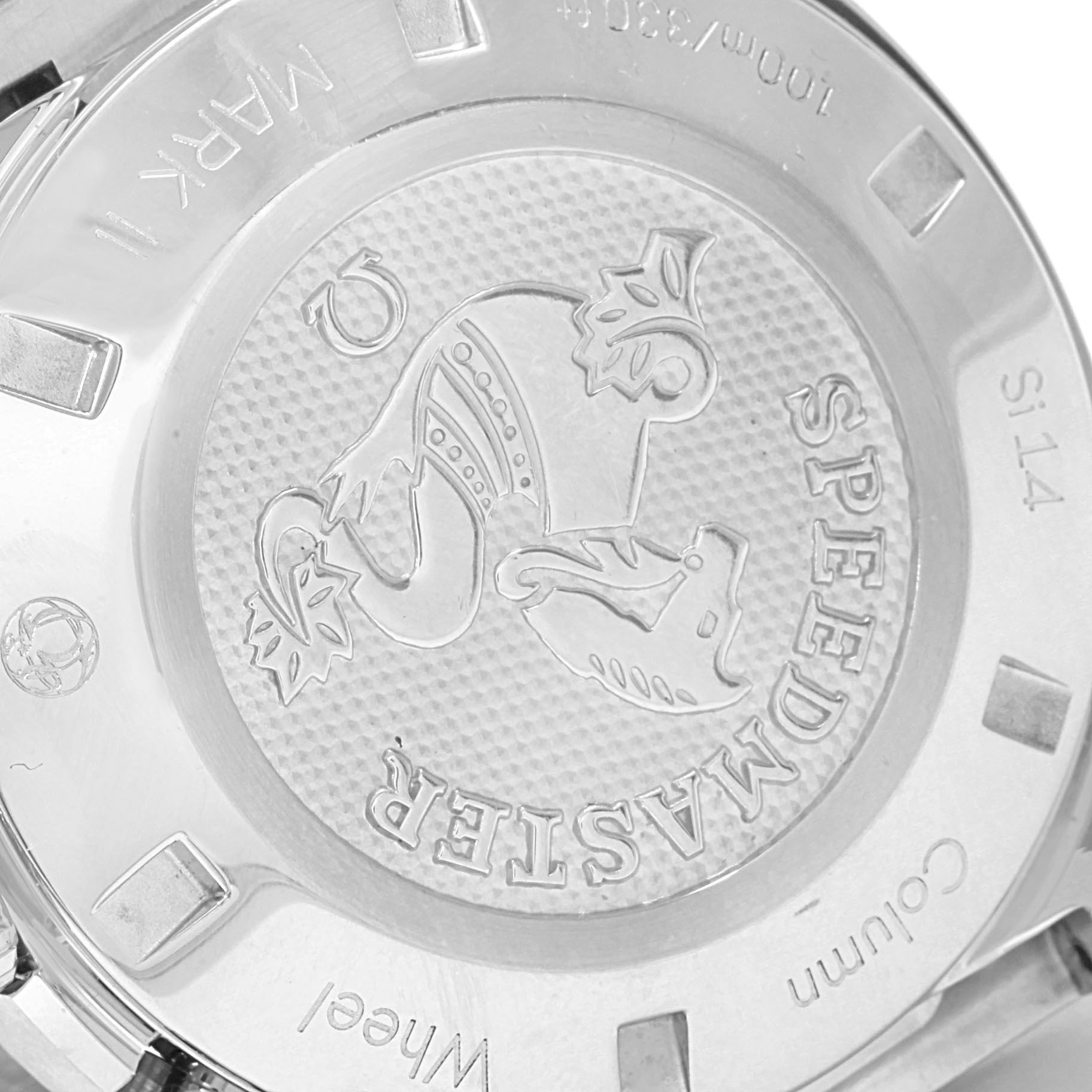 This image shows the case back of an Omega Speedmaster 327.10.43.50.06.001 Men
s Stainless Steel Grey Dial 327.10.43.50.06.001 Men
s Stainless Steel Grey Dial watch, highlighting its engraved logo and specifications.