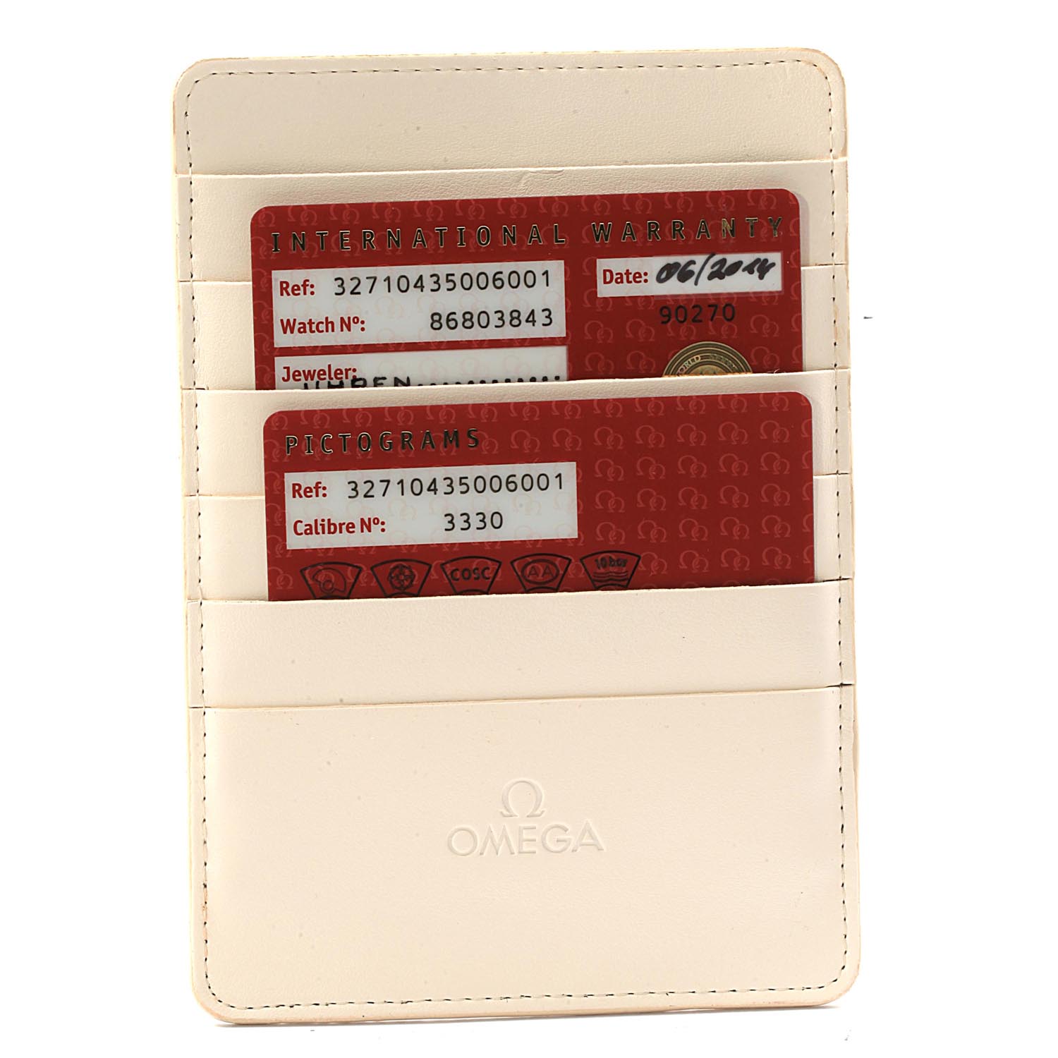 This image shows the warranty and pictogram cards for an Omega Speedmaster 327.10.43.50.06.001 Men
s Stainless Steel Grey Dial 327.10.43.50.06.001 Men
s Stainless Steel Grey Dial watch in a beige cardholder.