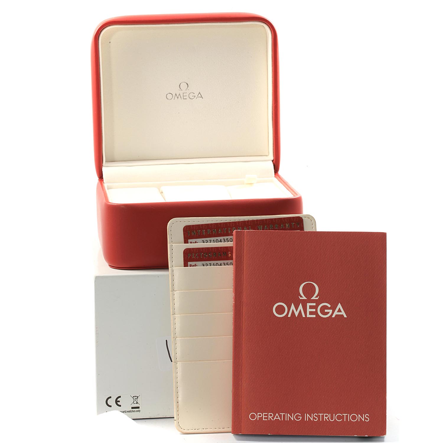 The image shows an Omega Speedmaster 327.10.43.50.06.001 Men
s Stainless Steel Grey Dial 327.10.43.50.06.001 Men
s Stainless Steel Grey Dial watch box, operating instructions booklet, and warranty cards.