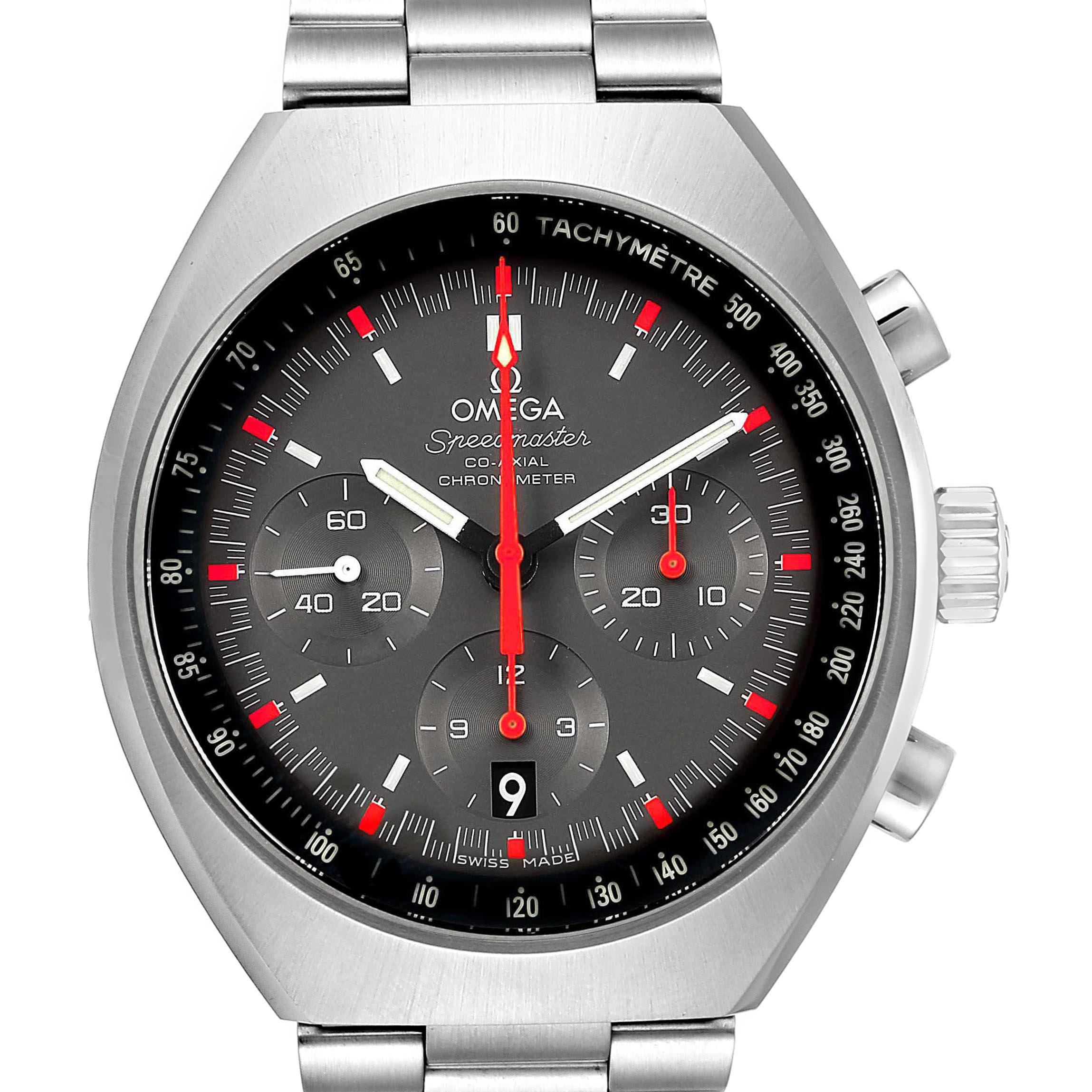 This image shows a front view of an Omega Speedmaster 327.10.43.50.06.001 Men
s Stainless Steel Grey Dial 327.10.43.50.06.001 Men
s Stainless Steel Grey Dial watch, highlighting its dial, chronograph sub-dials, and tachymeter bezel.
