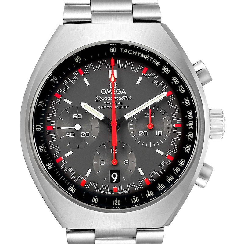 This image shows a front view of an Omega Speedmaster watch, highlighting its dial, chronograph sub-dials, and tachymeter bezel.