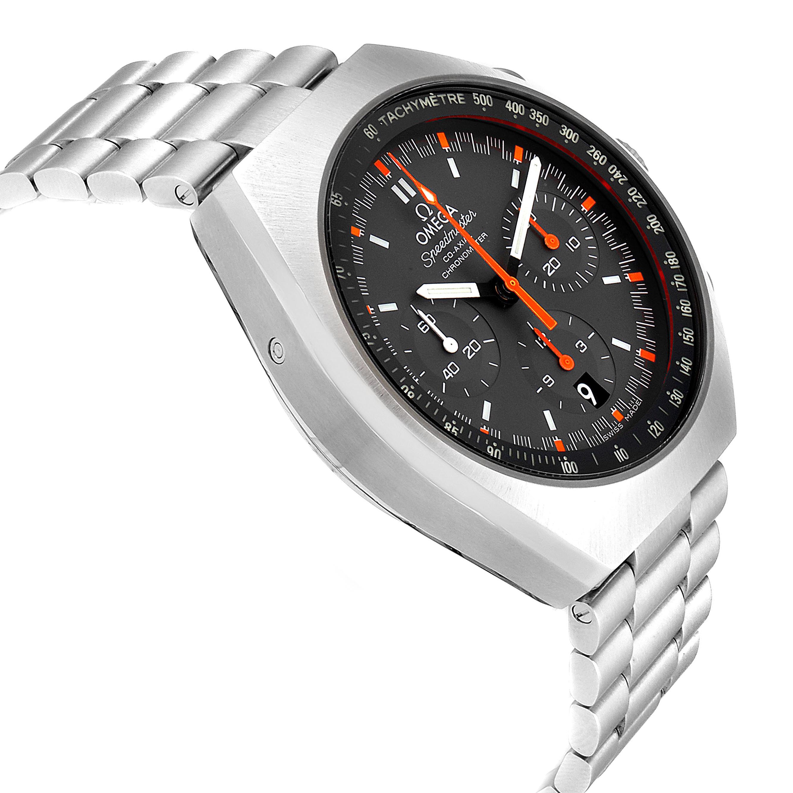 This Omega Speedmaster 327.10.43.50.06.001 Men
s Stainless Steel Grey Dial 327.10.43.50.06.001 Men
s Stainless Steel Grey Dial watch is shown at an angle highlighting the case, dial, tachymeter, and part of the stainless steel bracelet.