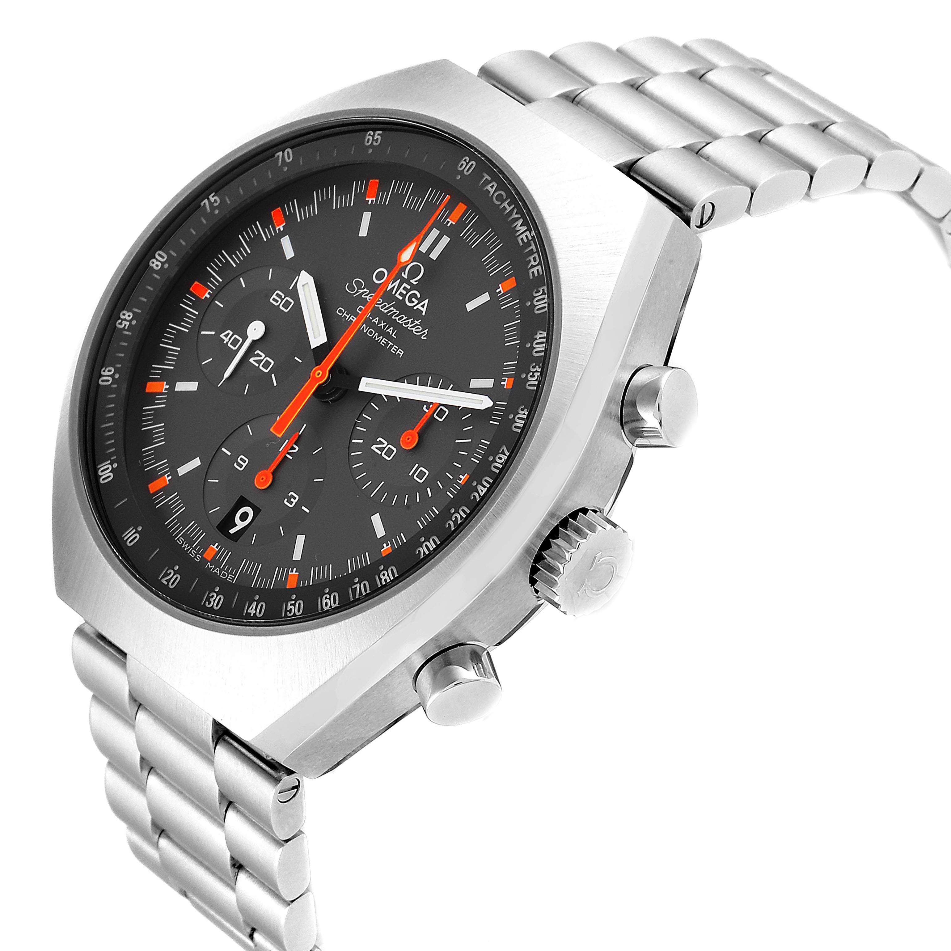 The image shows an angled view of an Omega Speedmaster 327.10.43.50.06.001 Men
s Stainless Steel Grey Dial 327.10.43.50.06.001 Men
s Stainless Steel Grey Dial watch, highlighting the dial, bezel, crown, pushers, and part of the bracelet.