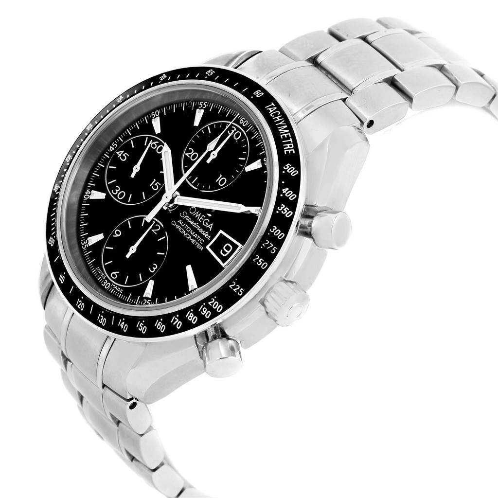 The Omega Speedmaster 3210.50.00 Men
s Stainless Steel Black Dial 3210.50.00 Men
s Stainless Steel Black Dial watch is shown at an angle highlighting the bezel, face, chronograph dials, and part of the bracelet.