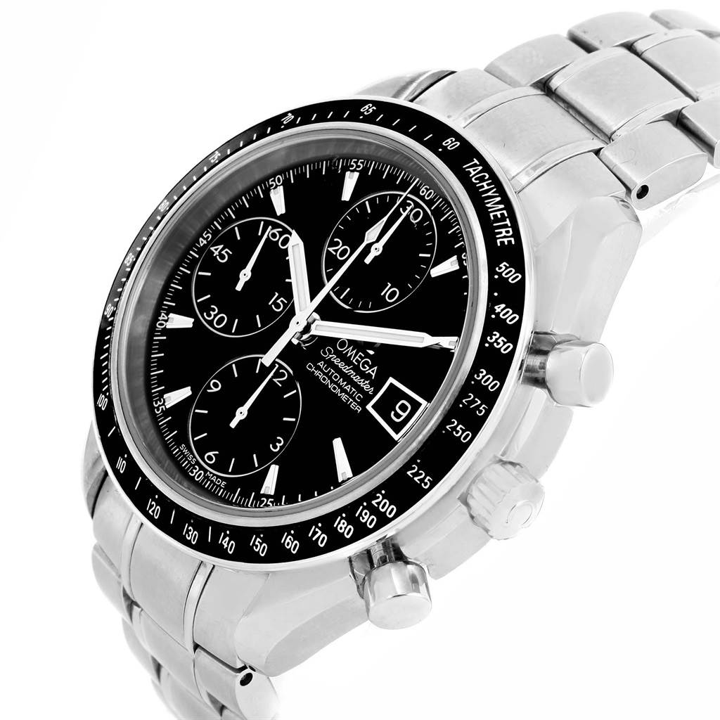 This image shows a side angled view of the Omega Speedmaster 3210.50.00 Men
s Stainless Steel Black Dial 3210.50.00 Men
s Stainless Steel Black Dial watch, highlighting its bezel, dial, subdials, and bracelet.