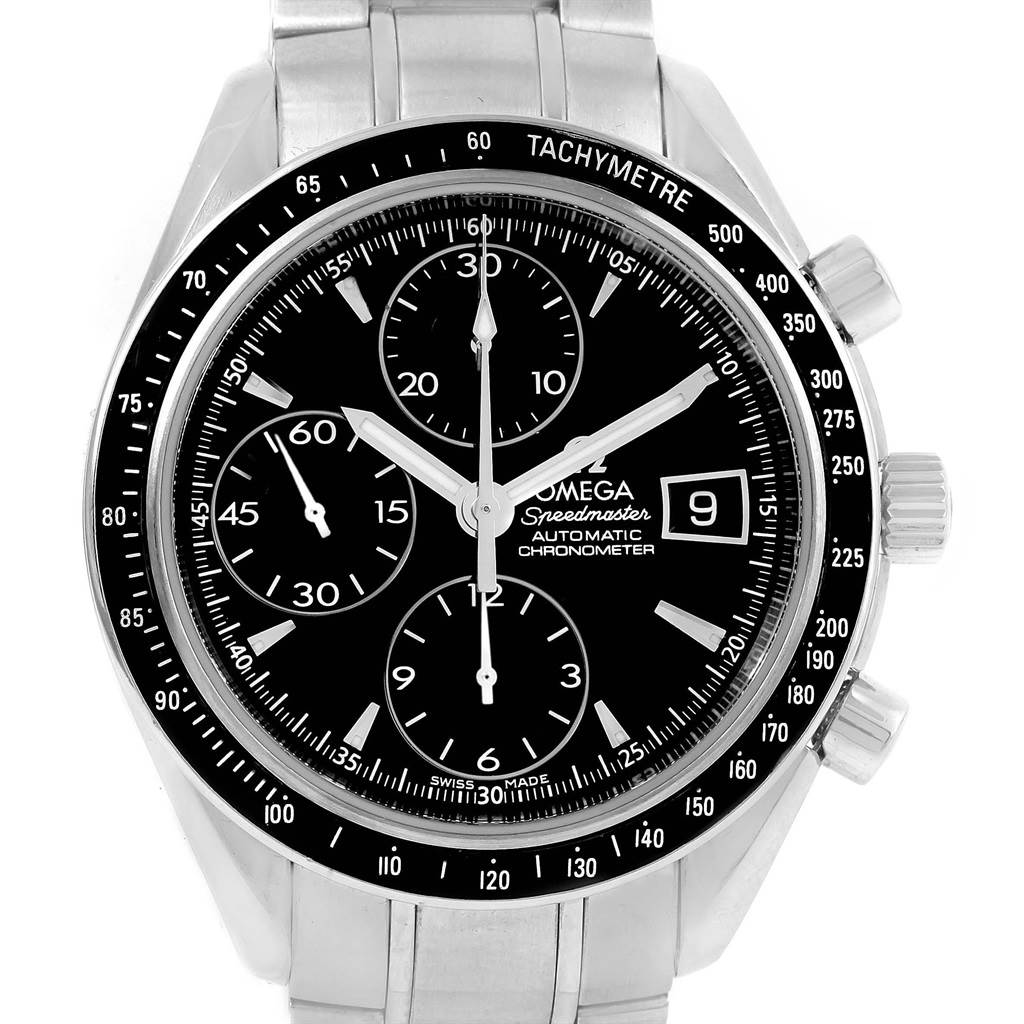 This Omega Speedmaster 3210.50.00 Men
s Stainless Steel Black Dial 3210.50.00 Men
s Stainless Steel Black Dial watch is shown from a front angle, highlighting the chronograph sub-dials, tachymeter bezel, and date display.