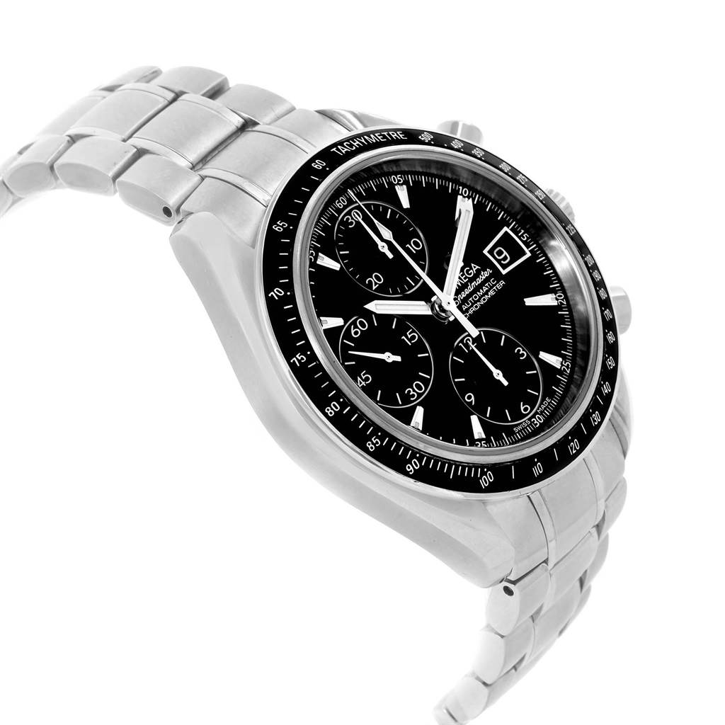The Omega Speedmaster 3210.50.00 Men
s Stainless Steel Black Dial 3210.50.00 Men
s Stainless Steel Black Dial watch is shown at a three-quarter angle, featuring its black dial, chronographs, and stainless steel bracelet.