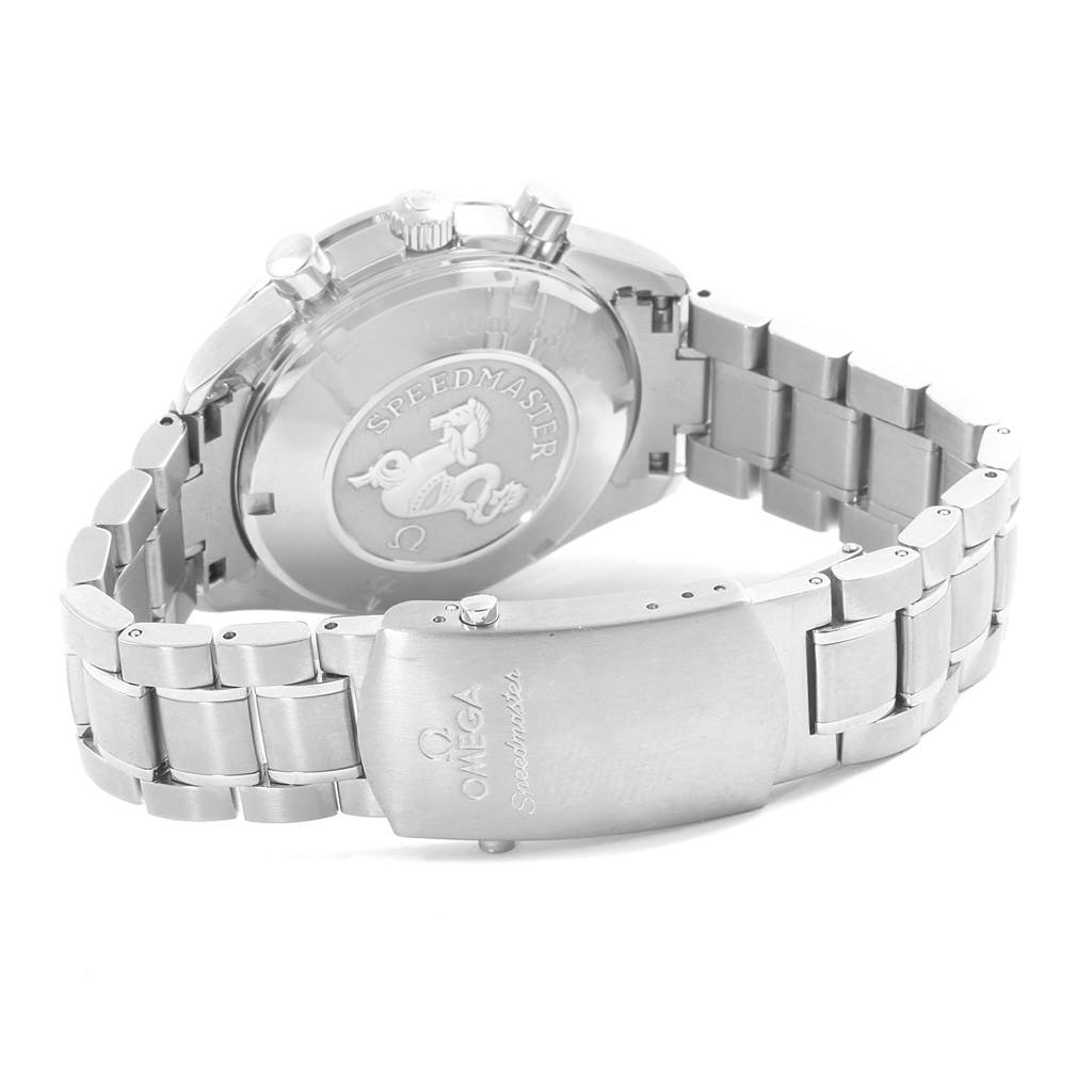 This image shows the back view of an Omega Speedmaster 3210.50.00 Men
s Stainless Steel Black Dial 3210.50.00 Men
s Stainless Steel Black Dial watch, including the case back, crown, and part of the metal bracelet with the clasp visible.