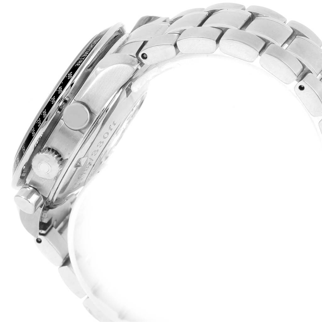 The image shows a side view of the Omega Speedmaster 3210.50.00 Men
s Stainless Steel Black Dial 3210.50.00 Men
s Stainless Steel Black Dial with its bezel, crown, chronograph pushers, and part of the bracelet visible.