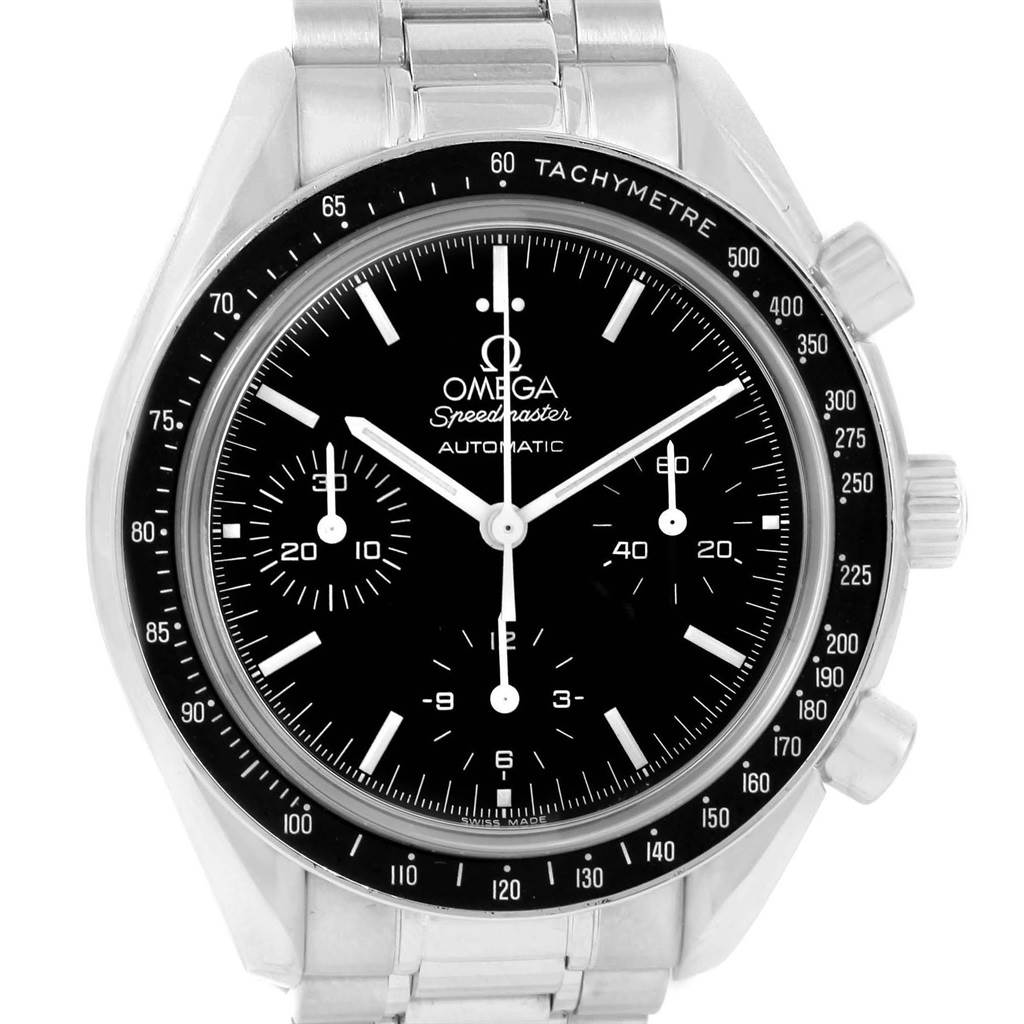 This Omega Speedmaster 3539.50.00 Men
s Stainless Steel Black Dial 3539.50.00 Men
s Stainless Steel Black Dial watch is shown from a front angle, highlighting the black dial, subdials, tachymeter bezel, and metal bracelet.