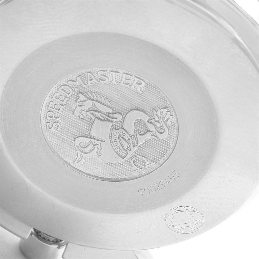 The image shows the back case of an Omega Speedmaster 3539.50.00 Men
s Stainless Steel Black Dial 3539.50.00 Men
s Stainless Steel Black Dial watch, highlighting the engraved logo and serial number.