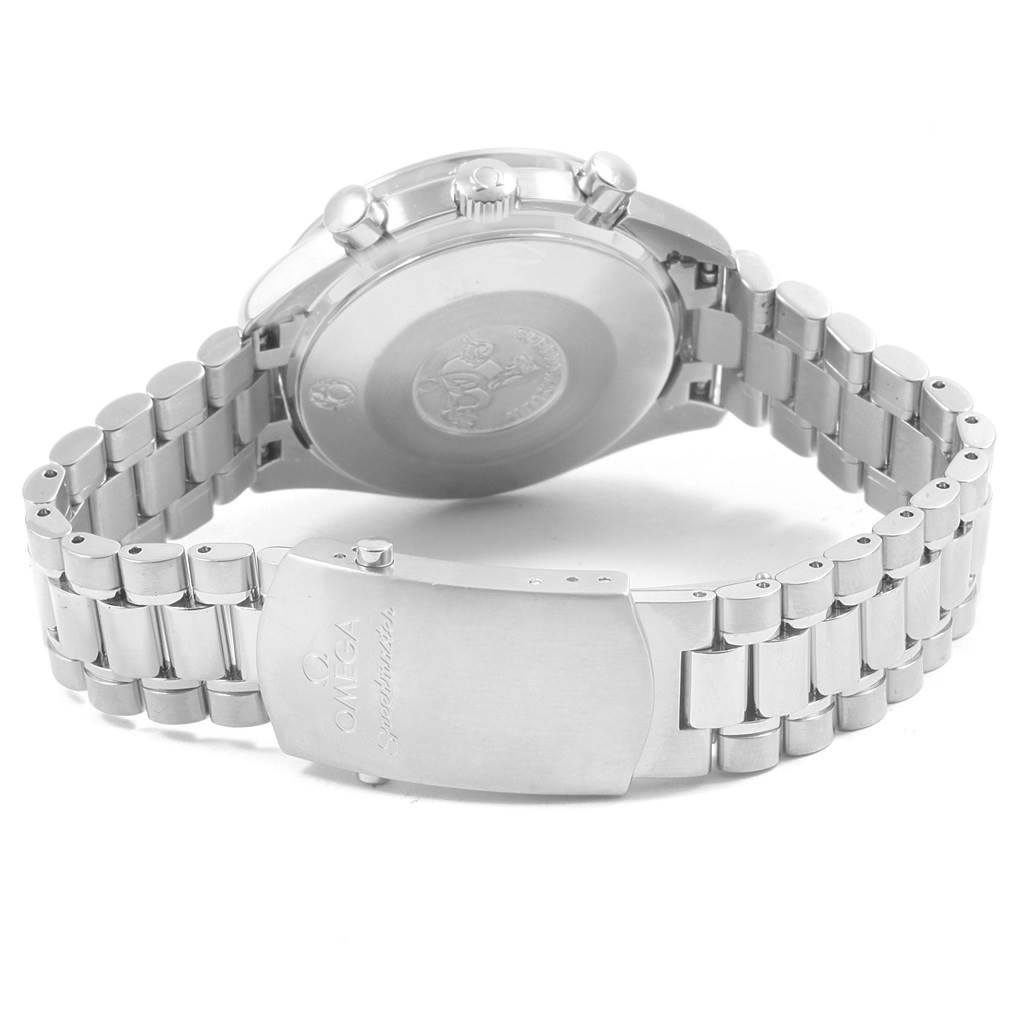 The image shows the back case and clasp of an Omega Speedmaster 3539.50.00 Men
s Stainless Steel Black Dial 3539.50.00 Men
s Stainless Steel Black Dial watch from a rear angle.