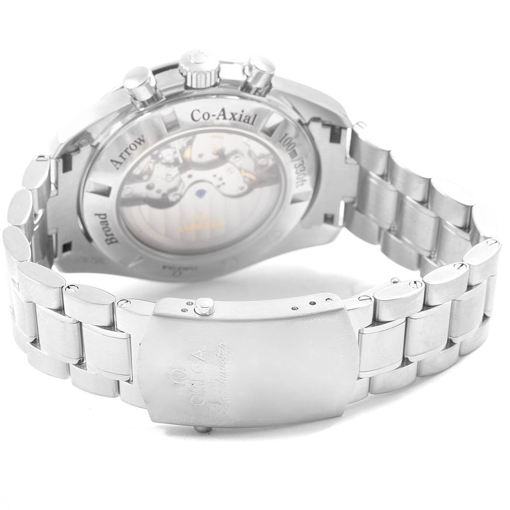 The image shows the back of an Omega Speedmaster 321.10.44.50.02.001 Men
s Stainless Steel Silver Dial 321.10.44.50.02.001 Men
s Stainless Steel Silver Dial watch, highlighting its clasp, bracelet, and visible movement.