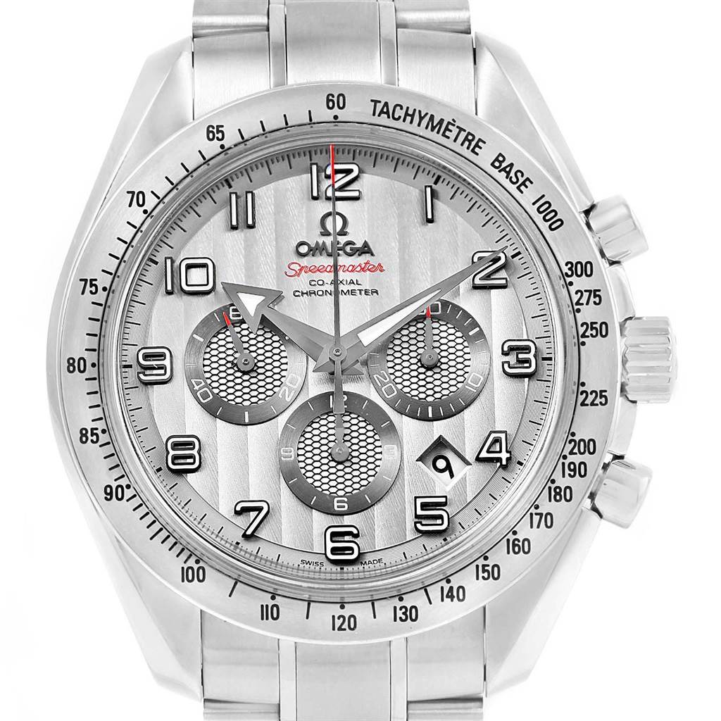 The image shows a frontal view of the Omega Speedmaster 321.10.44.50.02.001 Men
s Stainless Steel Silver Dial 321.10.44.50.02.001 Men
s Stainless Steel Silver Dial watch, highlighting the dial, tachymeter, and chronograph subdials.