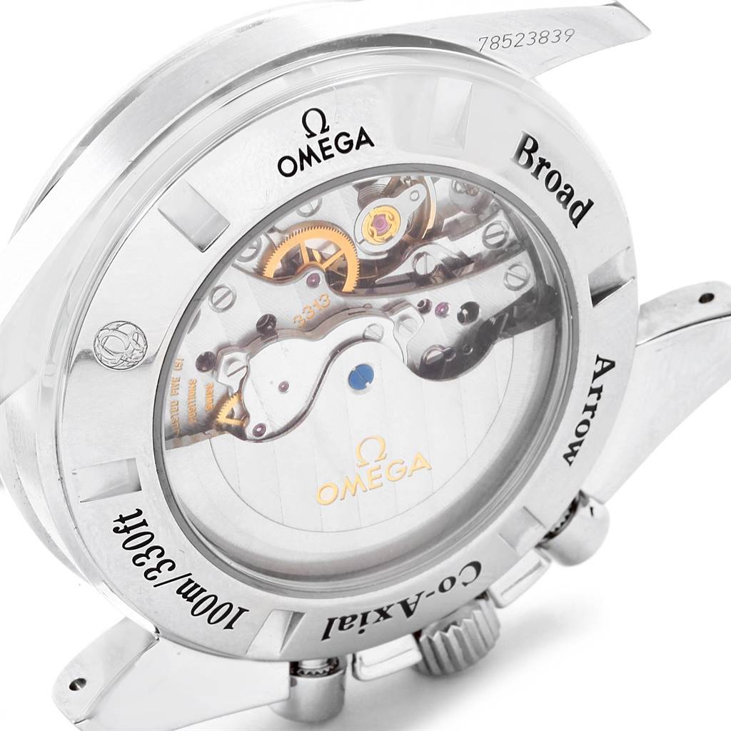 The image shows the back case and movement of an Omega Speedmaster 321.10.44.50.02.001 Men
s Stainless Steel Silver Dial 321.10.44.50.02.001 Men
s Stainless Steel Silver Dial Broad Arrow Co-Axial watch.