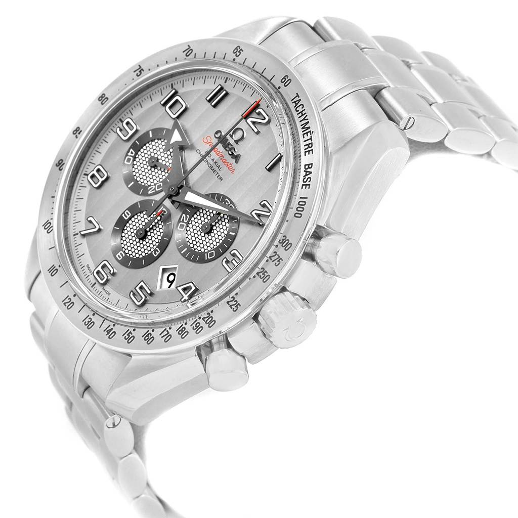 The image shows an angled side view of the silver Omega Speedmaster 321.10.44.50.02.001 Men
s Stainless Steel Silver Dial 321.10.44.50.02.001 Men
s Stainless Steel Silver Dial, highlighting the face, tachymeter bezel, crown, and pushers.