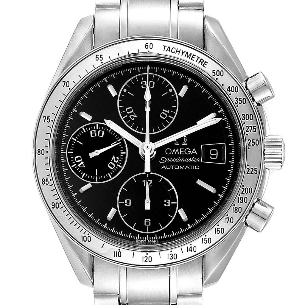 This is a front view of an Omega Speedmaster 3513.50.00 Men
s Stainless Steel Black Dial 3513.50.00 Men
s Stainless Steel Black Dial watch showing the dial, subdials, bezel, and part of the bracelet.