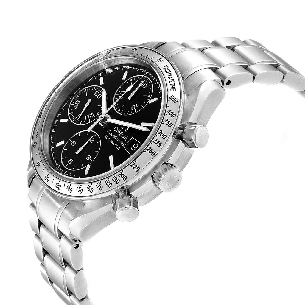The Omega Speedmaster 3513.50.00 Men
s Stainless Steel Black Dial 3513.50.00 Men
s Stainless Steel Black Dial watch is shown at an angled side view, highlighting its face, tachymeter bezel, and stainless steel bracelet.