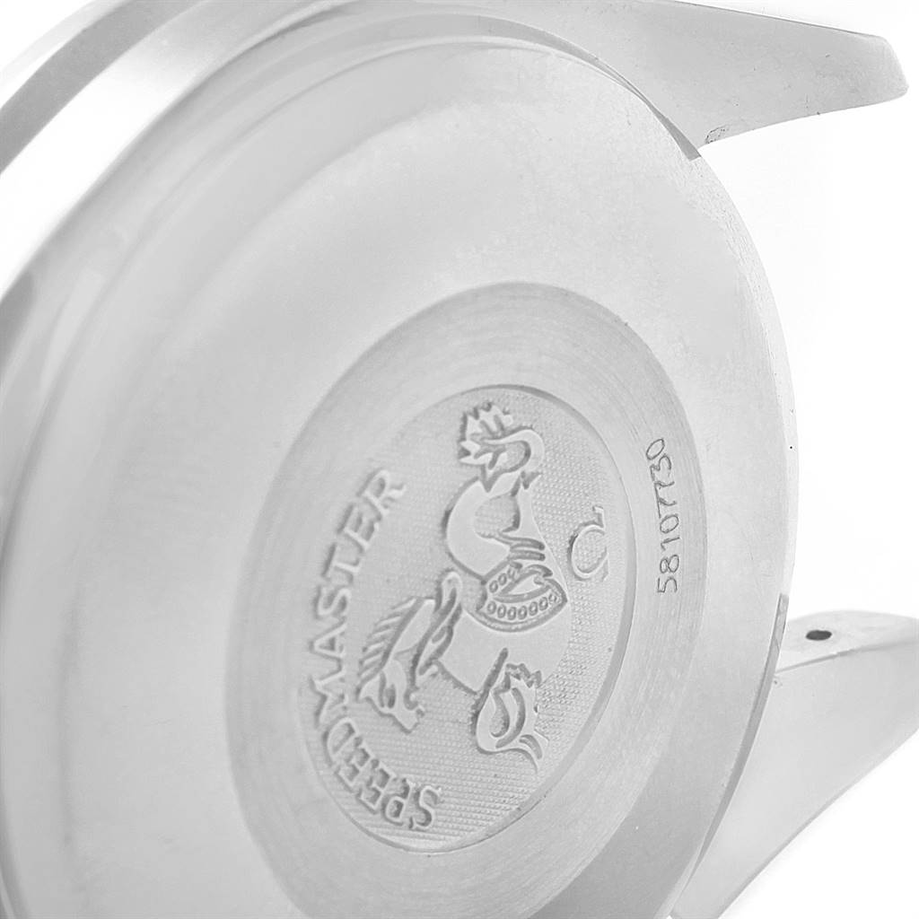 The image shows the case back of an Omega Speedmaster 3513.50.00 Men
s Stainless Steel Black Dial 3513.50.00 Men
s Stainless Steel Black Dial watch at a close-up, angled view.