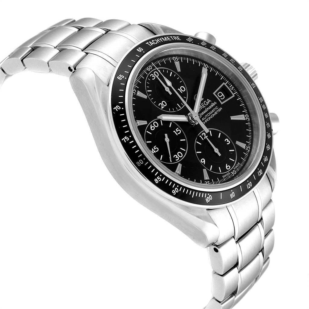 The image shows an Omega Speedmaster 3210.50.00 Men
s Stainless Steel Black Dial 3210.50.00 Men
s Stainless Steel Black Dial watch from a side angle, highlighting its stainless steel band, black dial, and tachymeter bezel.