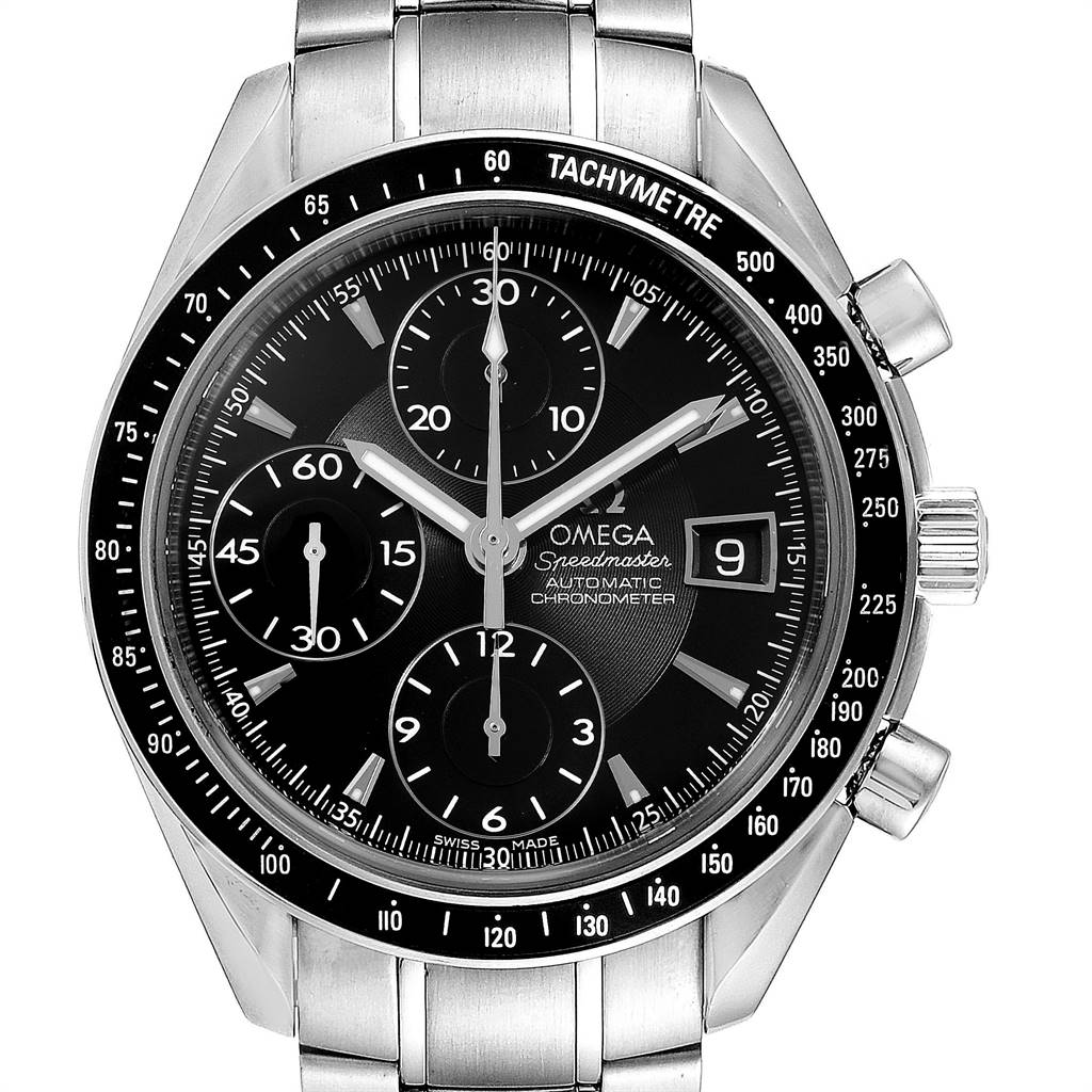 The image shows a front view of an Omega Speedmaster 3210.50.00 Men
s Stainless Steel Black Dial 3210.50.00 Men
s Stainless Steel Black Dial watch, displaying the dial, subdials, tachymeter, and stainless steel bracelet.