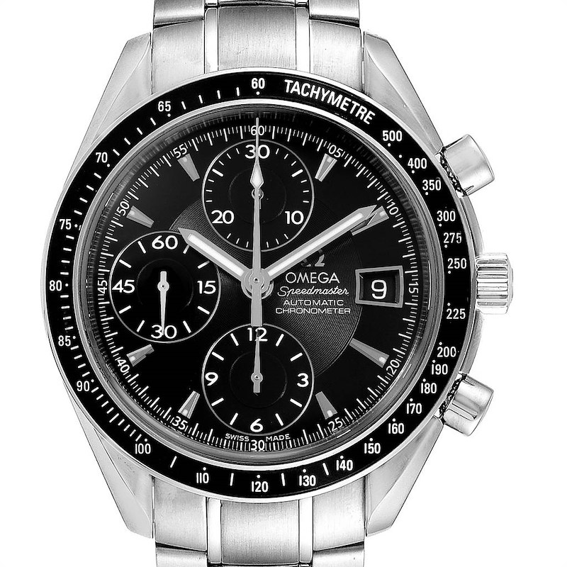 The image shows a front view of an Omega Speedmaster watch, displaying the dial, subdials, tachymeter, and stainless steel bracelet.