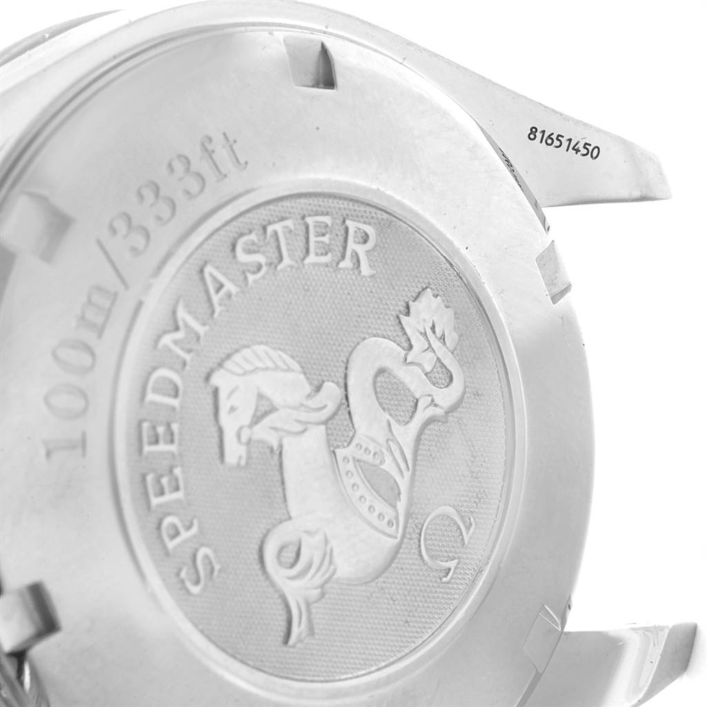 The image shows the back casing of an Omega Speedmaster 3210.50.00 Men
s Stainless Steel Black Dial 3210.50.00 Men
s Stainless Steel Black Dial watch, displaying branding and a depth rating.