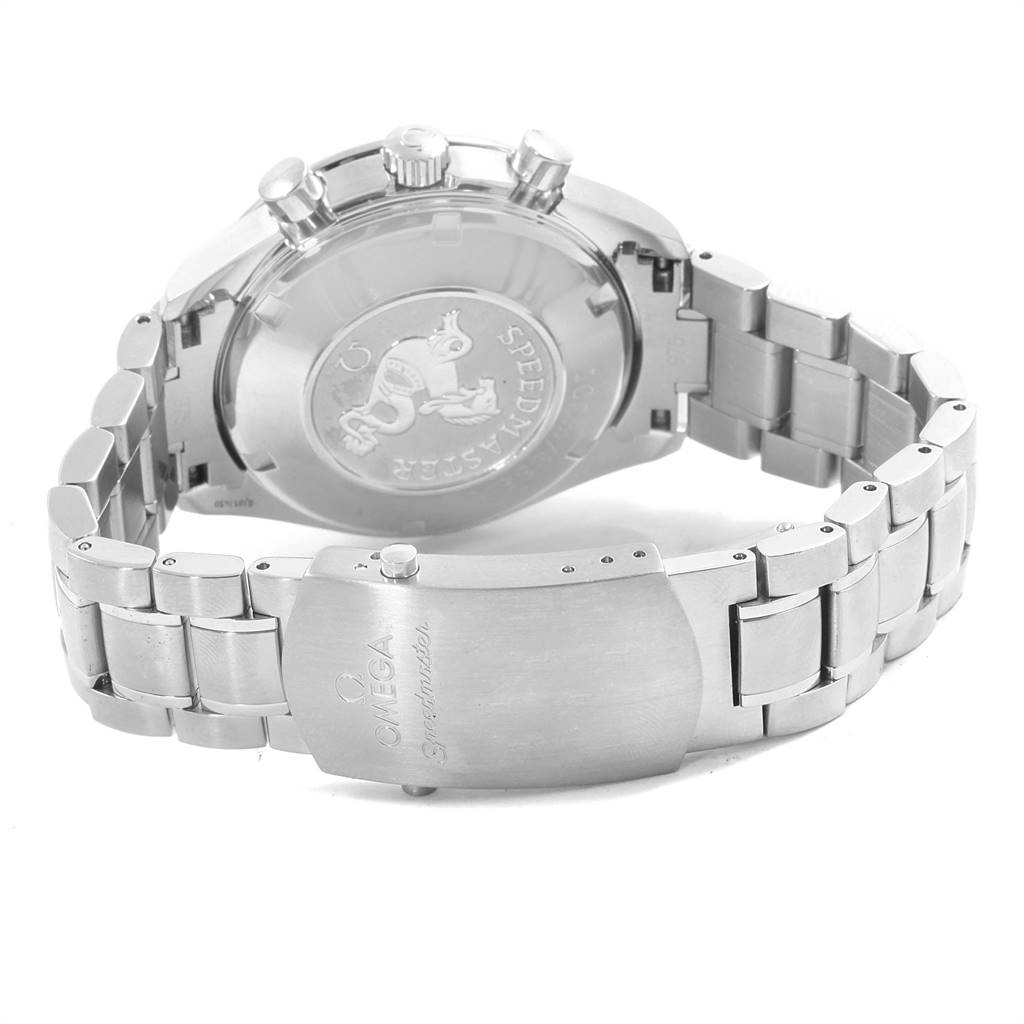 The image displays the back and clasp of an Omega Speedmaster 3210.50.00 Men
s Stainless Steel Black Dial 3210.50.00 Men
s Stainless Steel Black Dial, showing its stainless steel bracelet and engraved case back.