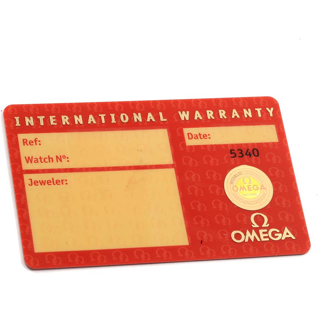 The image shows the International Warranty card for the Omega Speedmaster 3210.50.00 Men
s Stainless Steel Black Dial 3210.50.00 Men
s Stainless Steel Black Dial watch model.