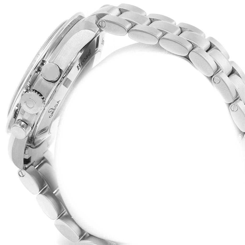 Side view of the Omega Speedmaster 321.10.44.50.02.001 Men
s Stainless Steel Silver Dial 321.10.44.50.02.001 Men
s Stainless Steel Silver Dial watch showing the crown, pushers, and a portion of the bracelet.