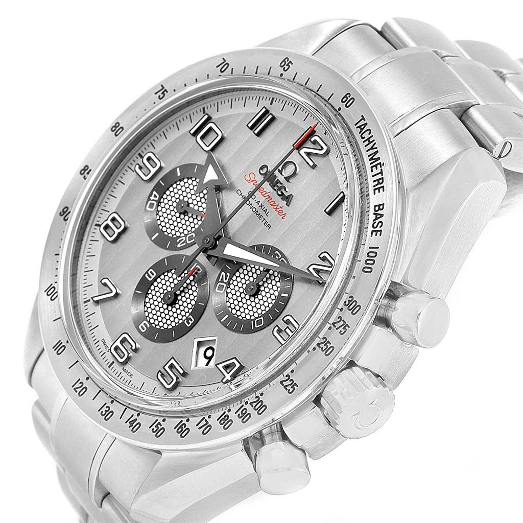 The image shows a close-up of the dial, case, crown, and part of the bracelet of an Omega Speedmaster 321.10.44.50.02.001 Men
s Stainless Steel Silver Dial 321.10.44.50.02.001 Men
s Stainless Steel Silver Dial watch, taken from a slight angle.