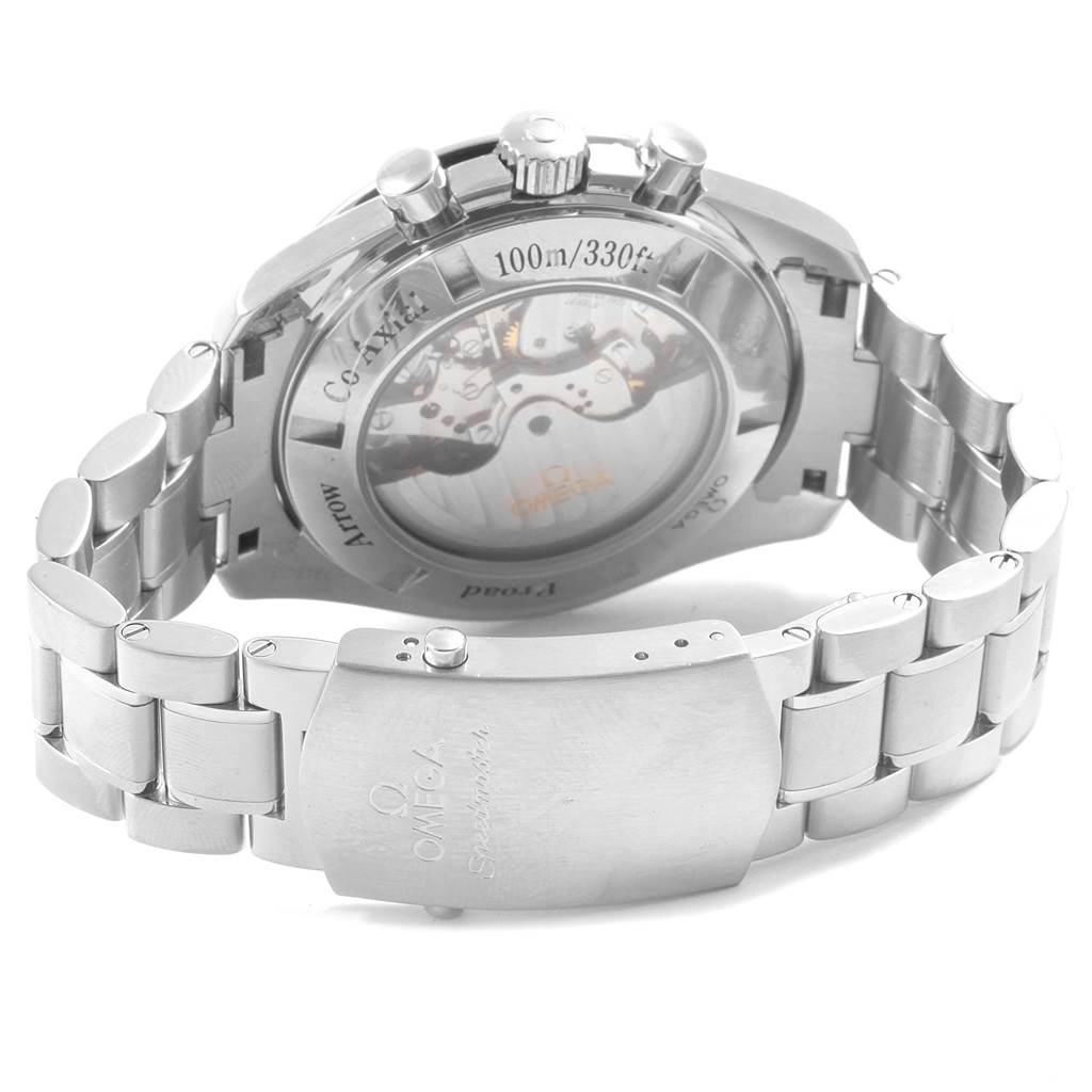 The image shows the back of an Omega Speedmaster 321.10.44.50.02.001 Men
s Stainless Steel Silver Dial 321.10.44.50.02.001 Men
s Stainless Steel Silver Dial watch, highlighting the transparent case back, crown, pushers, and metal bracelet.