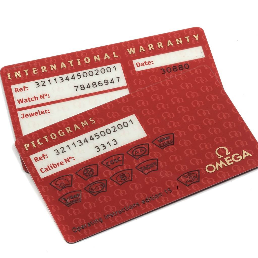 This image shows the international warranty and pictograms cards for an Omega Speedmaster 321.10.44.50.02.001 Men
s Stainless Steel Silver Dial 321.10.44.50.02.001 Men
s Stainless Steel Silver Dial watch.