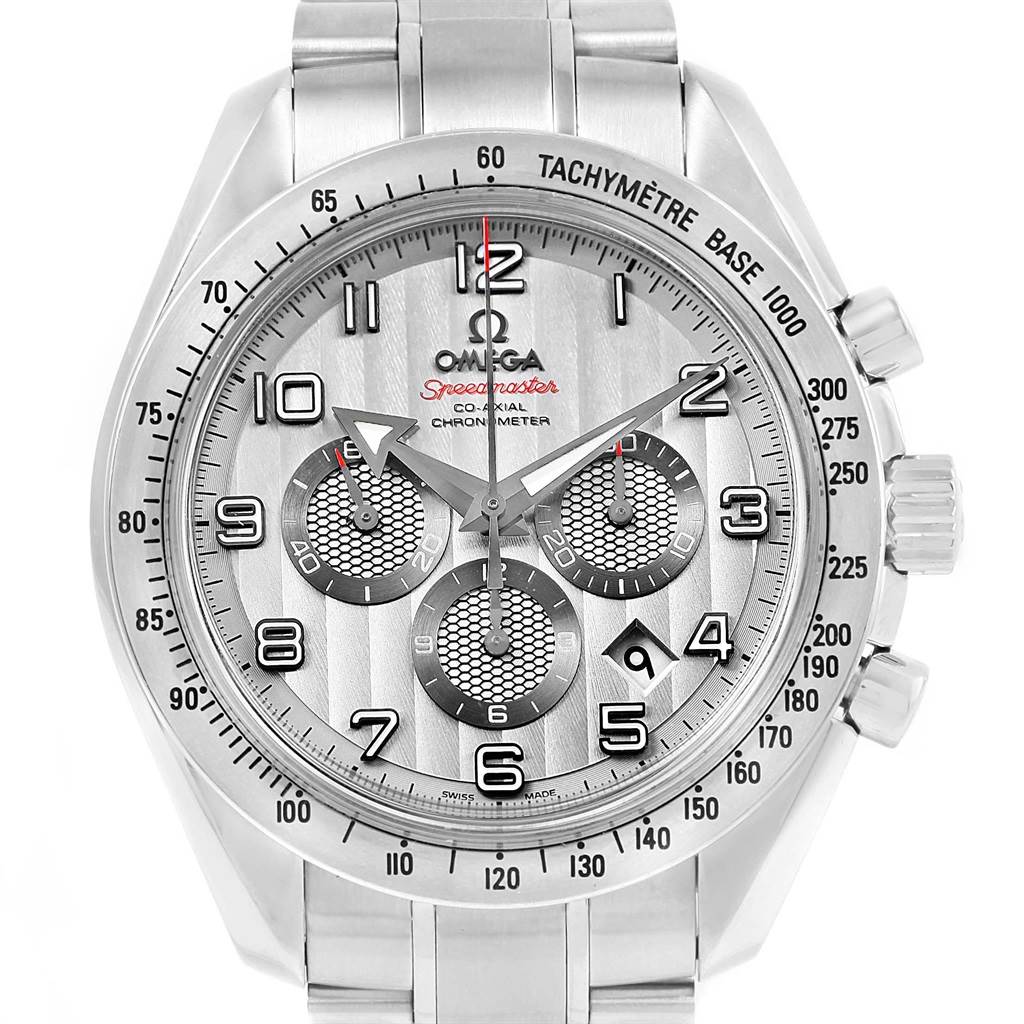 This image shows a front view of the Omega Speedmaster 321.10.44.50.02.001 Men
s Stainless Steel Silver Dial 321.10.44.50.02.001 Men
s Stainless Steel Silver Dial watch
s face and stainless steel bracelet.
