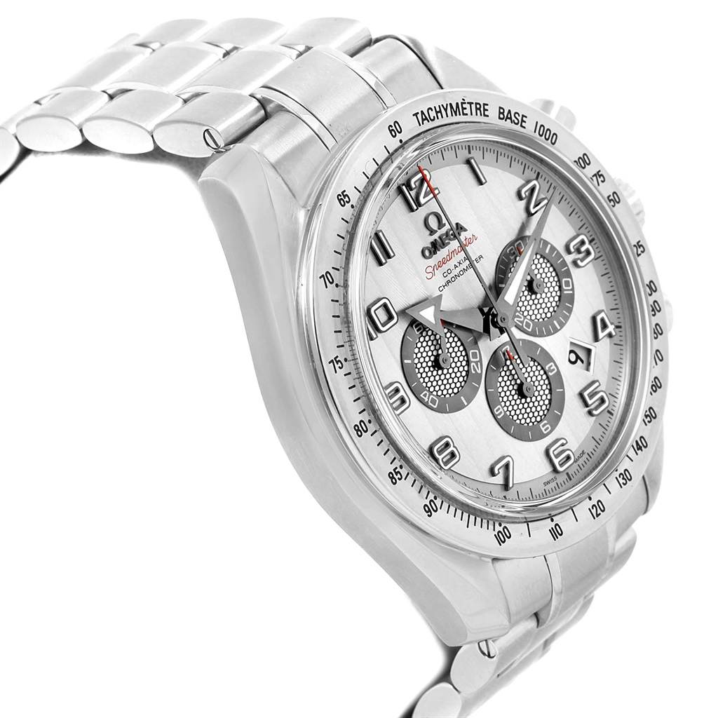 The image shows an Omega Speedmaster 321.10.44.50.02.001 Men
s Stainless Steel Silver Dial 321.10.44.50.02.001 Men
s Stainless Steel Silver Dial watch at a side angle, highlighting its dial, tachymeter bezel, and bracelet.