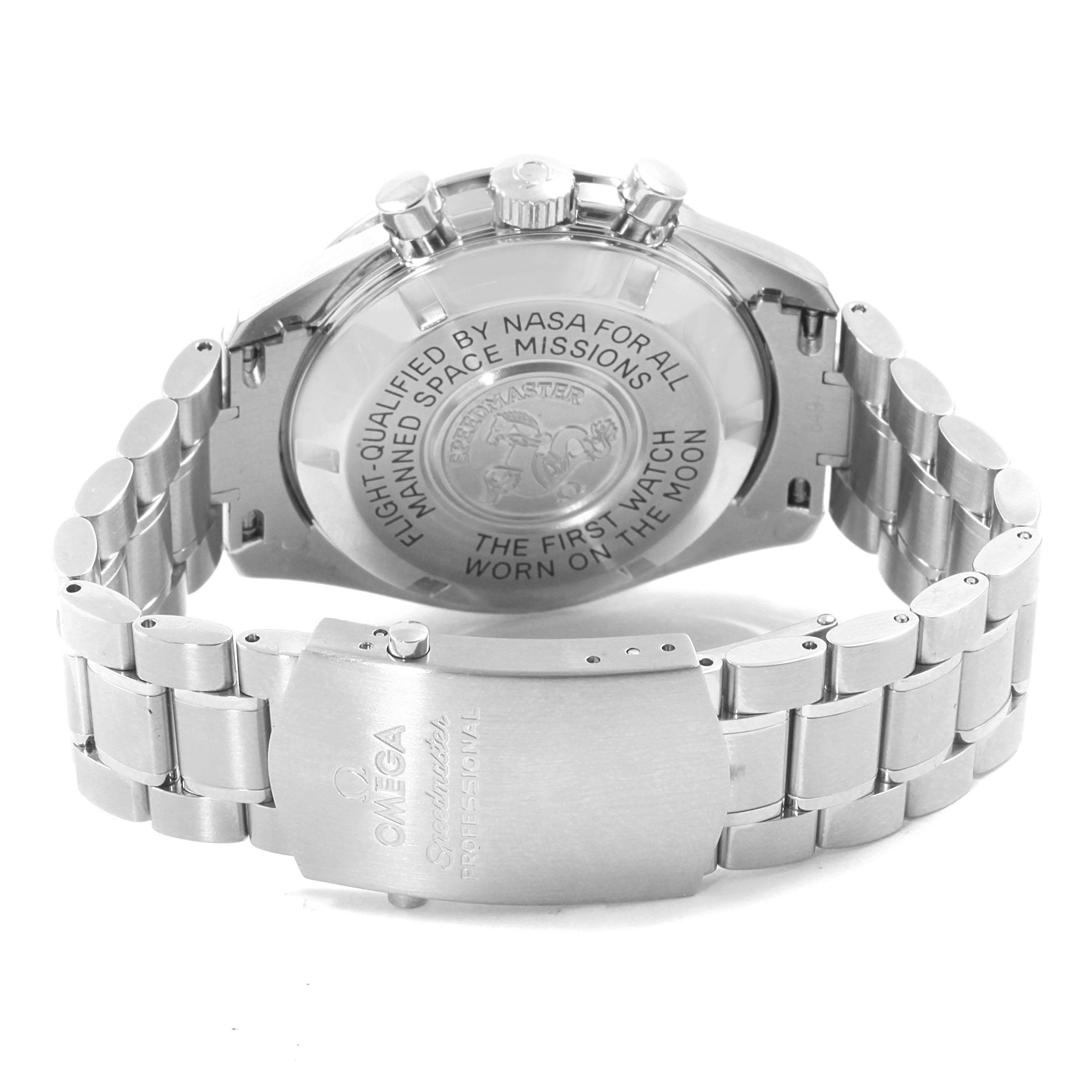 The image shows the backside and metal bracelet of an Omega Speedmaster 3570.50.00 Men
s Stainless Steel Black Dial 3570.50.00 Men
s Stainless Steel Black Dial watch, highlighting the engraved case back and clasp.