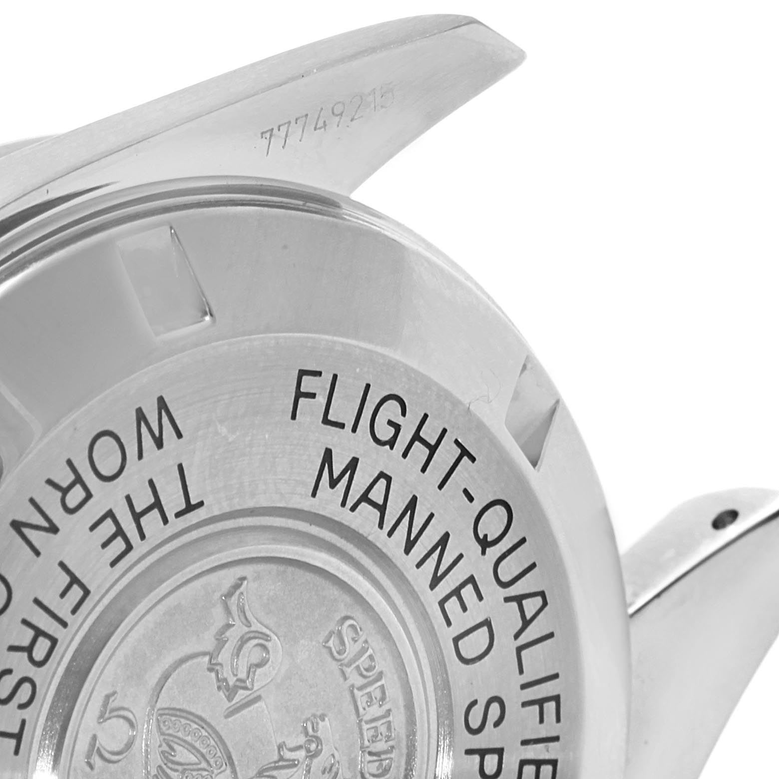 The image shows the engraved case back and lugs of an Omega Speedmaster 3570.50.00 Men
s Stainless Steel Black Dial 3570.50.00 Men
s Stainless Steel Black Dial watch at a slight angle.