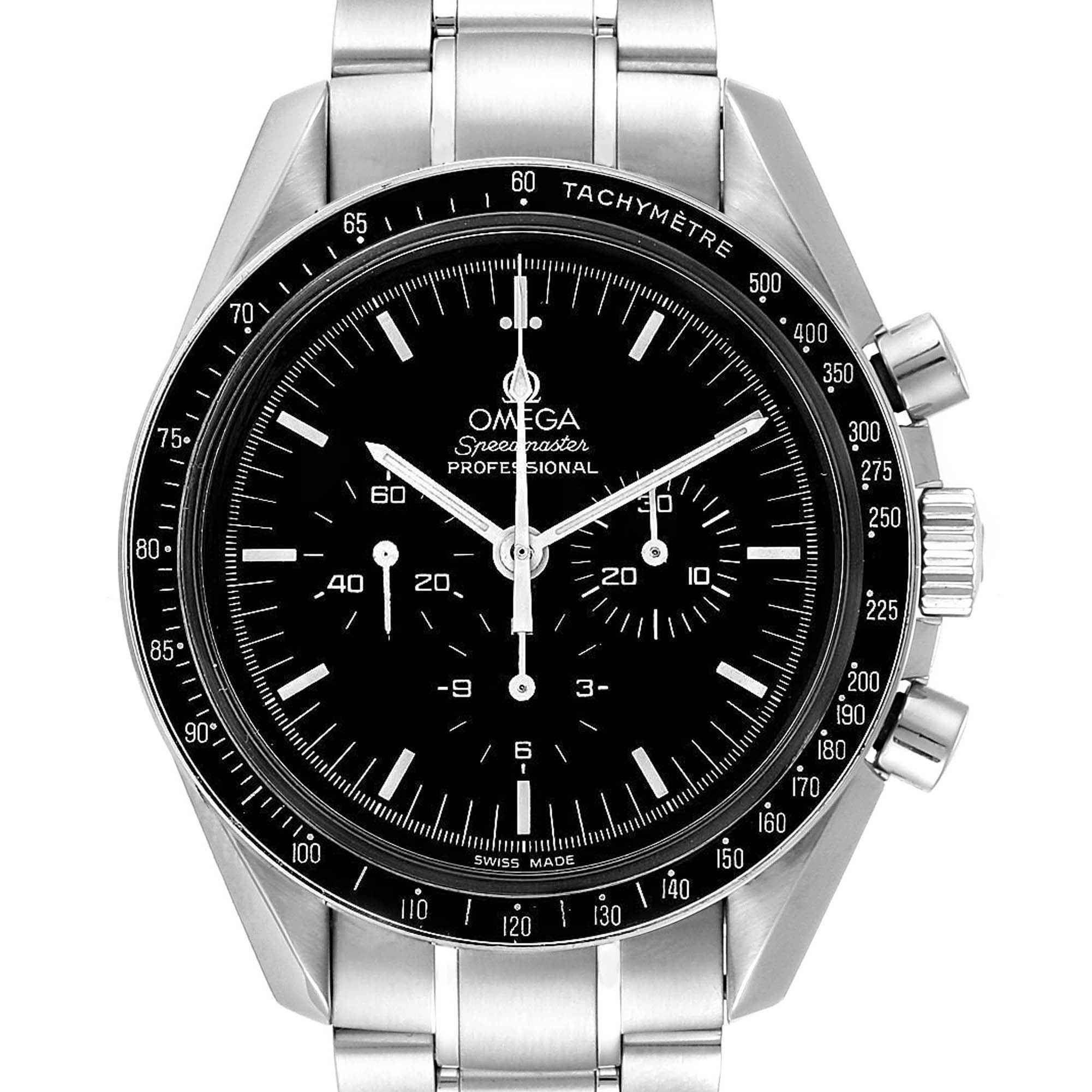 The image shows a front view of an Omega Speedmaster 3570.50.00 Men
s Stainless Steel Black Dial 3570.50.00 Men
s Stainless Steel Black Dial watch, displaying its dial, bezel, and metal bracelet.