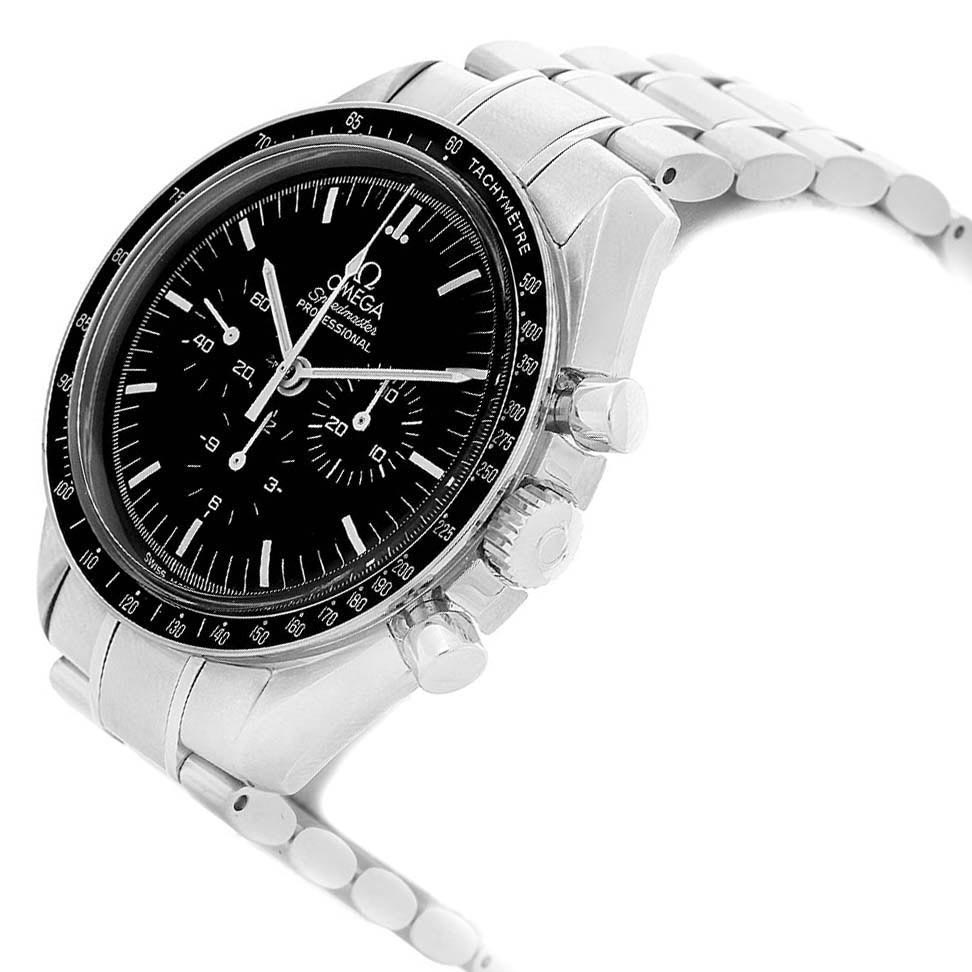 The Omega Speedmaster 3570.50.00 Men
s Stainless Steel Black Dial 3570.50.00 Men
s Stainless Steel Black Dial watch is shown at an angled view, highlighting its face, bezel, case, and bracelet.