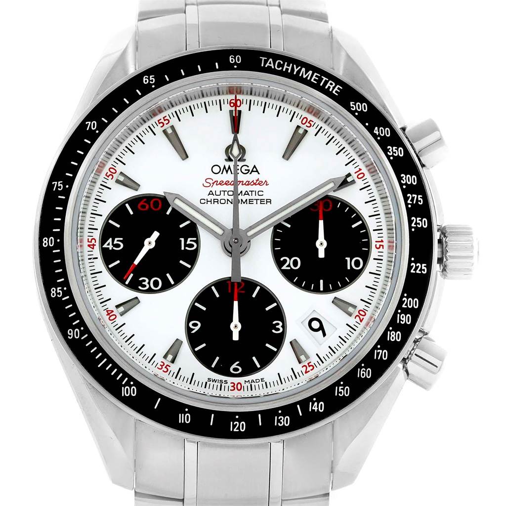 The image shows a front view of the Omega Speedmaster 323.30.40.40.04.001 Men's Stainless Steel White Dial 323.30.40.40.04.001 Men's Stainless Steel White Dial watch displaying subdials, tachymeter, and date window.