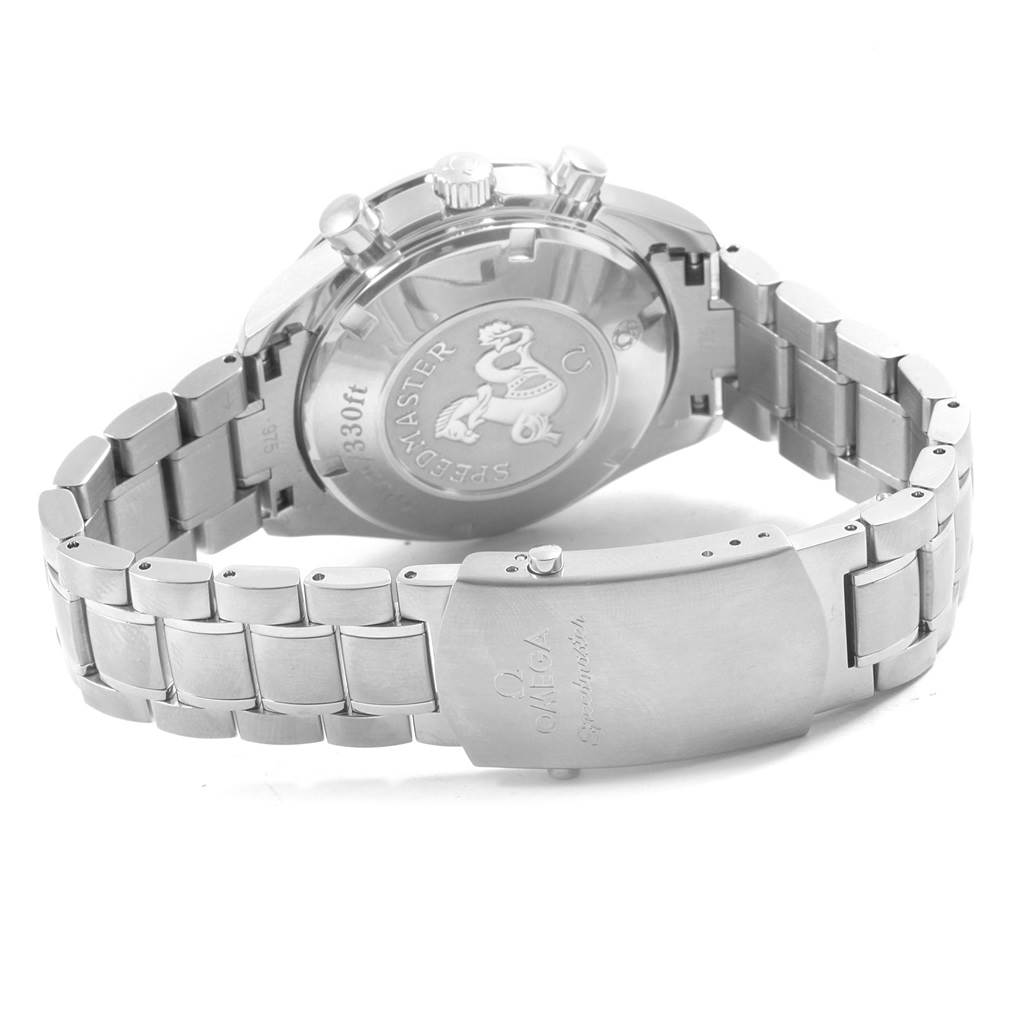 This image shows the back case, clasp, and bracelet of the Omega Speedmaster 323.30.40.40.04.001 Men's Stainless Steel White Dial 323.30.40.40.04.001 Men's Stainless Steel White Dial watch at an angled rear view.