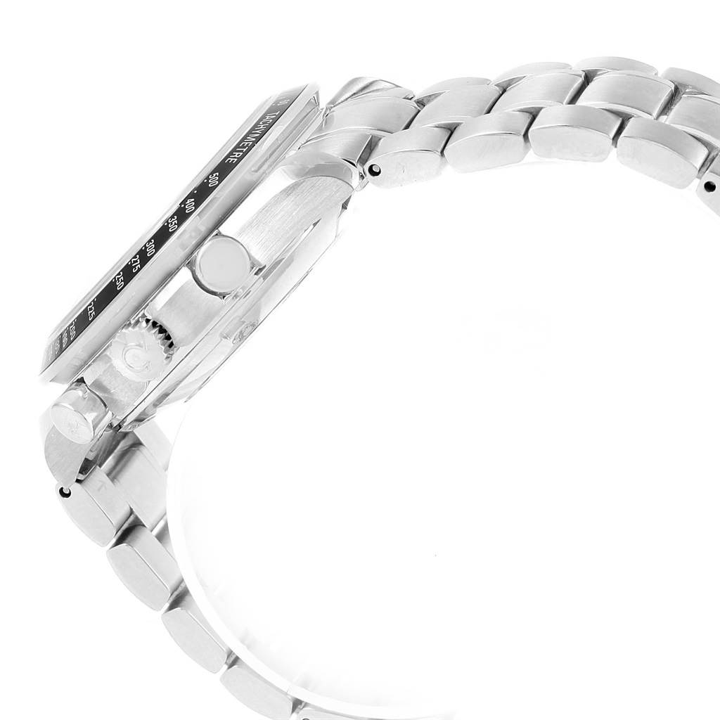 The side view of the Omega Speedmaster 323.30.40.40.04.001 Men's Stainless Steel White Dial 323.30.40.40.04.001 Men's Stainless Steel White Dial watch shows the bezel, crown, pushers, and part of the metal bracelet.