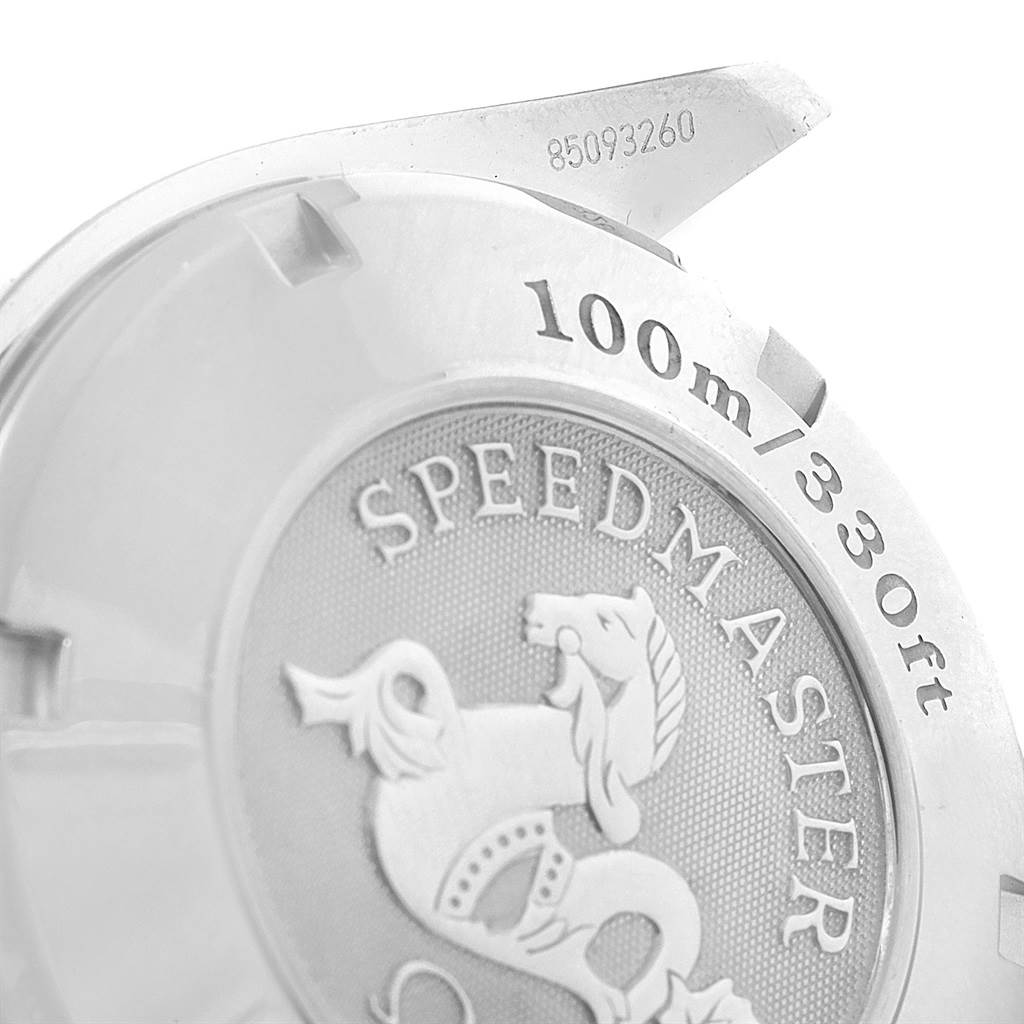 This image shows the back case of an Omega Speedmaster 323.30.40.40.04.001 Men's Stainless Steel White Dial 323.30.40.40.04.001 Men's Stainless Steel White Dial watch, highlighting its 100m/330ft water resistance.