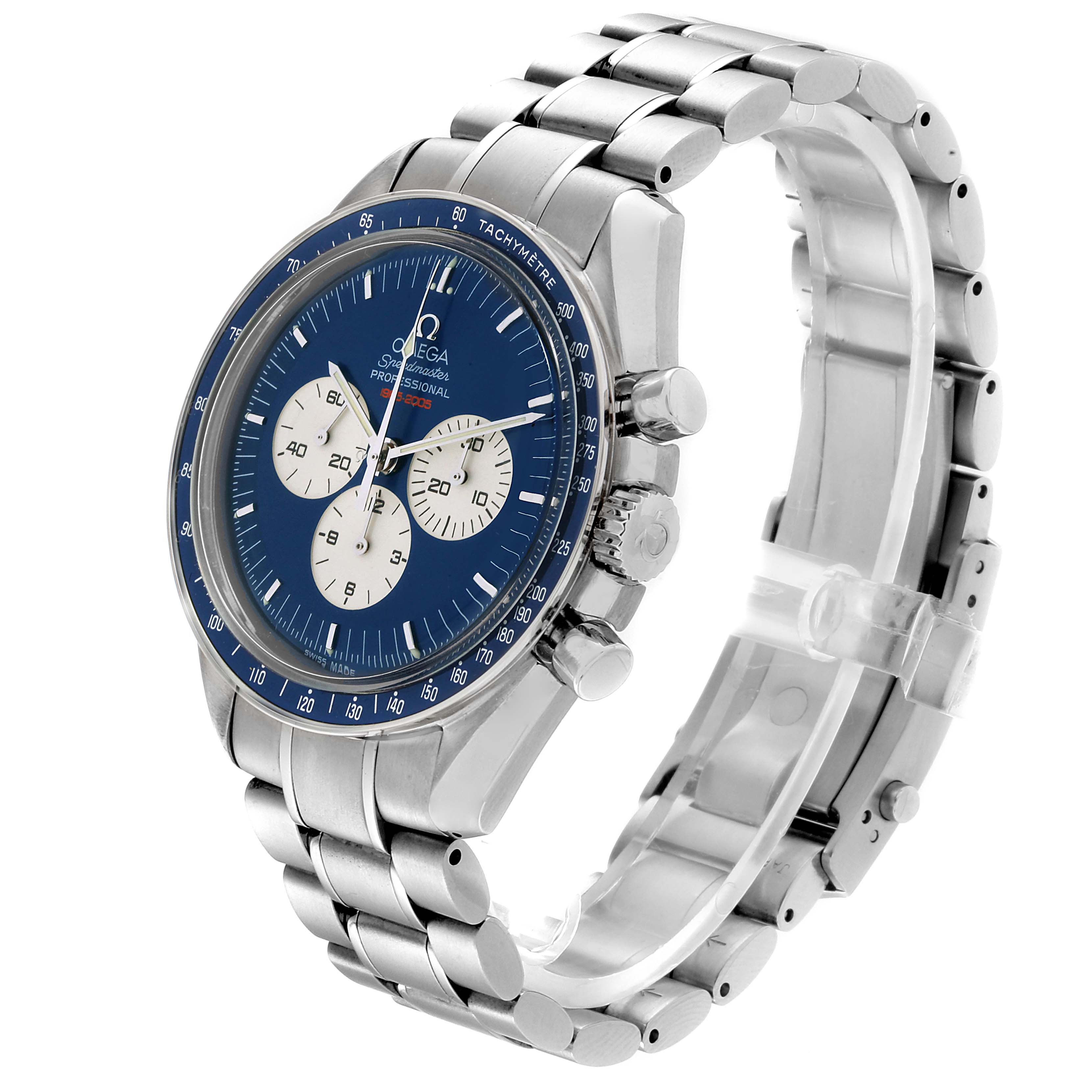 The Omega Speedmaster 3565.80.00 Men
s Stainless Steel Blue Dial 3565.80.00 Men
s Stainless Steel Blue Dial watch is shown from a three-quarter angle, highlighting its dial, bezel, and stainless steel bracelet.