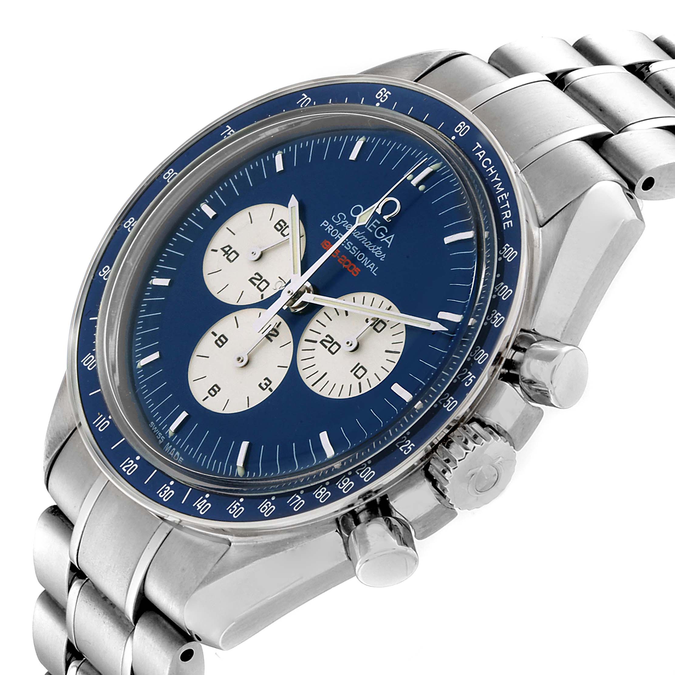 The image shows an Omega Speedmaster 3565.80.00 Men
s Stainless Steel Blue Dial 3565.80.00 Men
s Stainless Steel Blue Dial watch at a three-quarter angle, highlighting the face, pushers, crown, and bracelet.