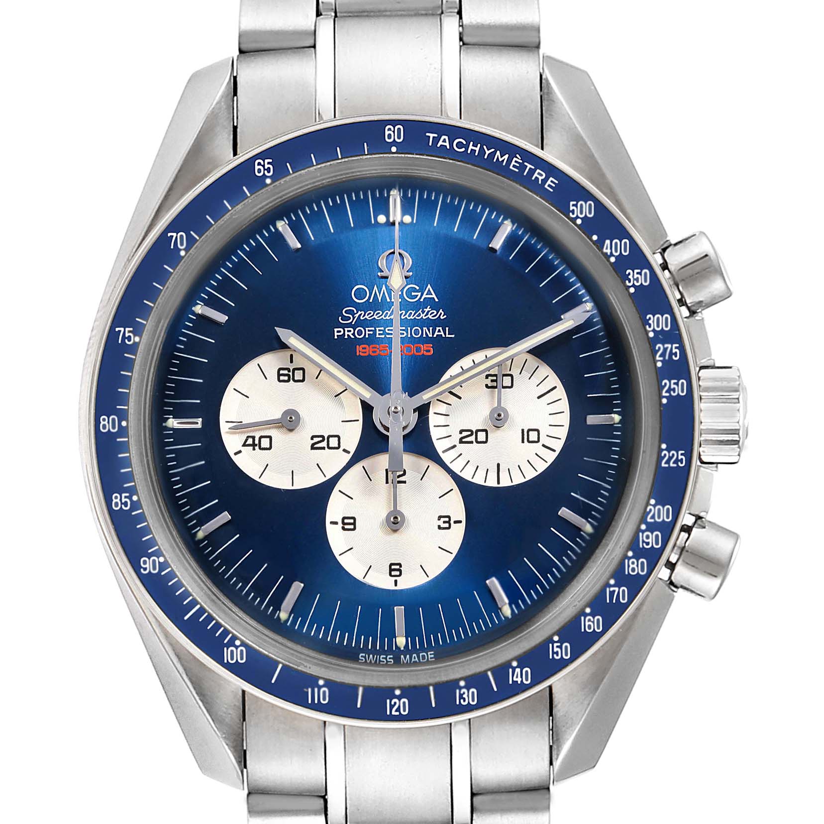This is a front view of the Omega Speedmaster 3565.80.00 Men
s Stainless Steel Blue Dial 3565.80.00 Men
s Stainless Steel Blue Dial Professional watch, showcasing its dial, bezel, and bracelet.