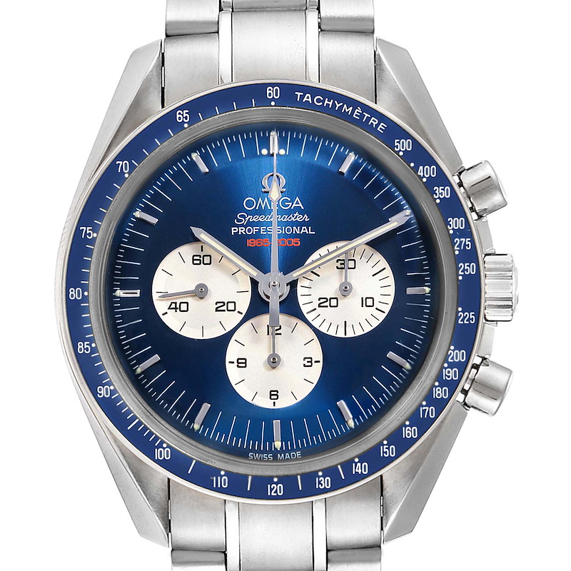 This is a front view of the Omega Speedmaster Professional watch, showcasing its dial, bezel, and bracelet.