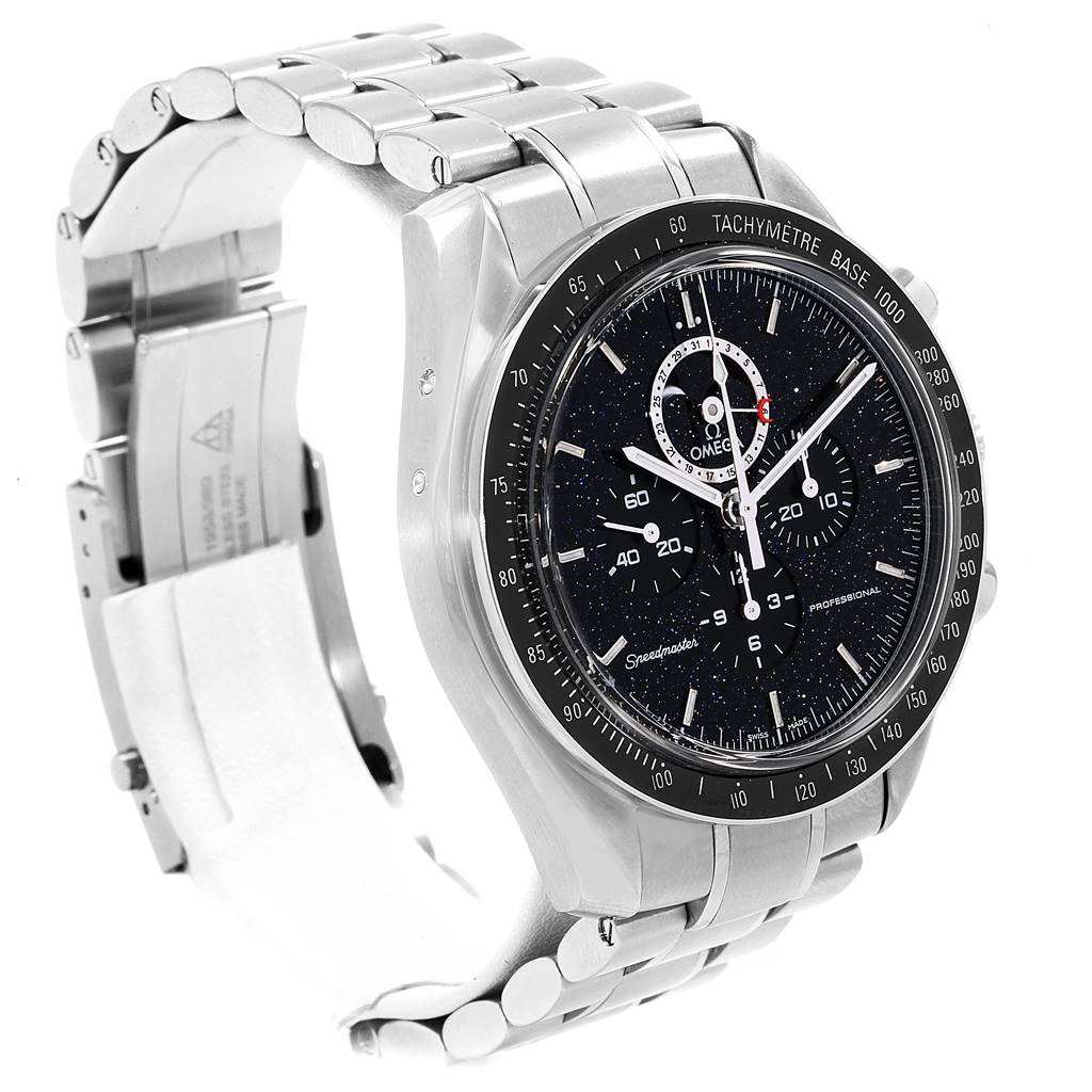 The Omega Speedmaster 311.30.44.32.01.001 Men
s Stainless Steel Black Dial 311.30.44.32.01.001 Men
s Stainless Steel Black Dial watch is shown at an oblique angle, highlighting the face, bezel, and metal bracelet.