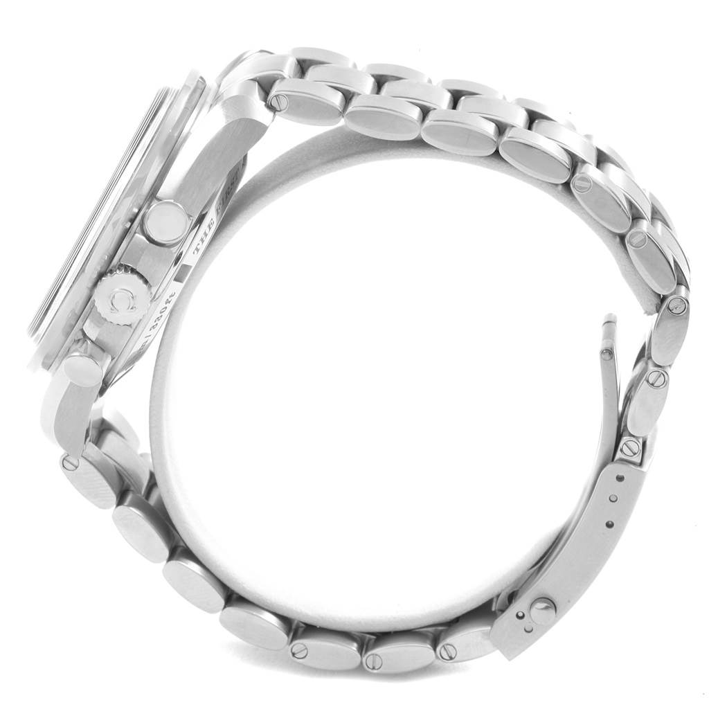 This side view image shows the case and bracelet of an Omega Speedmaster 311.30.44.32.01.001 Men
s Stainless Steel Black Dial 311.30.44.32.01.001 Men
s Stainless Steel Black Dial watch, highlighting the crown and pushers.