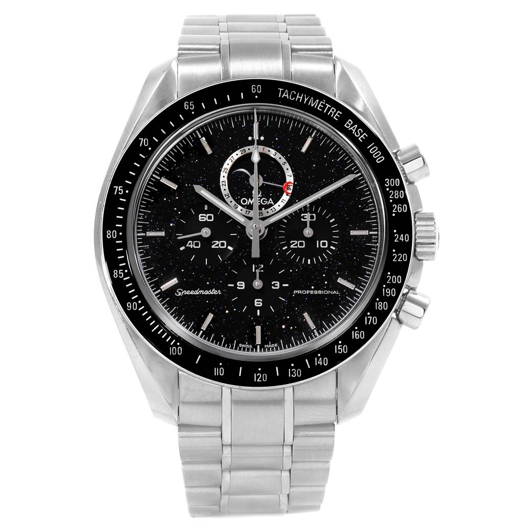 The image shows a front view of the Omega Speedmaster 311.30.44.32.01.001 Men
s Stainless Steel Black Dial 311.30.44.32.01.001 Men
s Stainless Steel Black Dial watch, detailing its face, bezel, chronograph, and bracelet.
